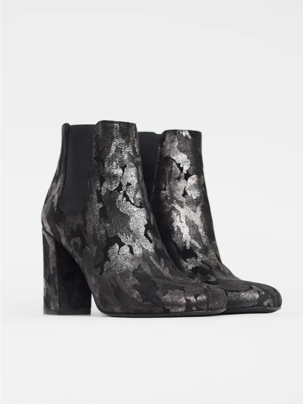 SAINT LAURENT Vintage Metallic Black Camo Booties